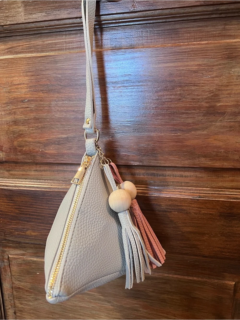 Gray Triangle Wristlet Bag with Pink & Gray Tassels